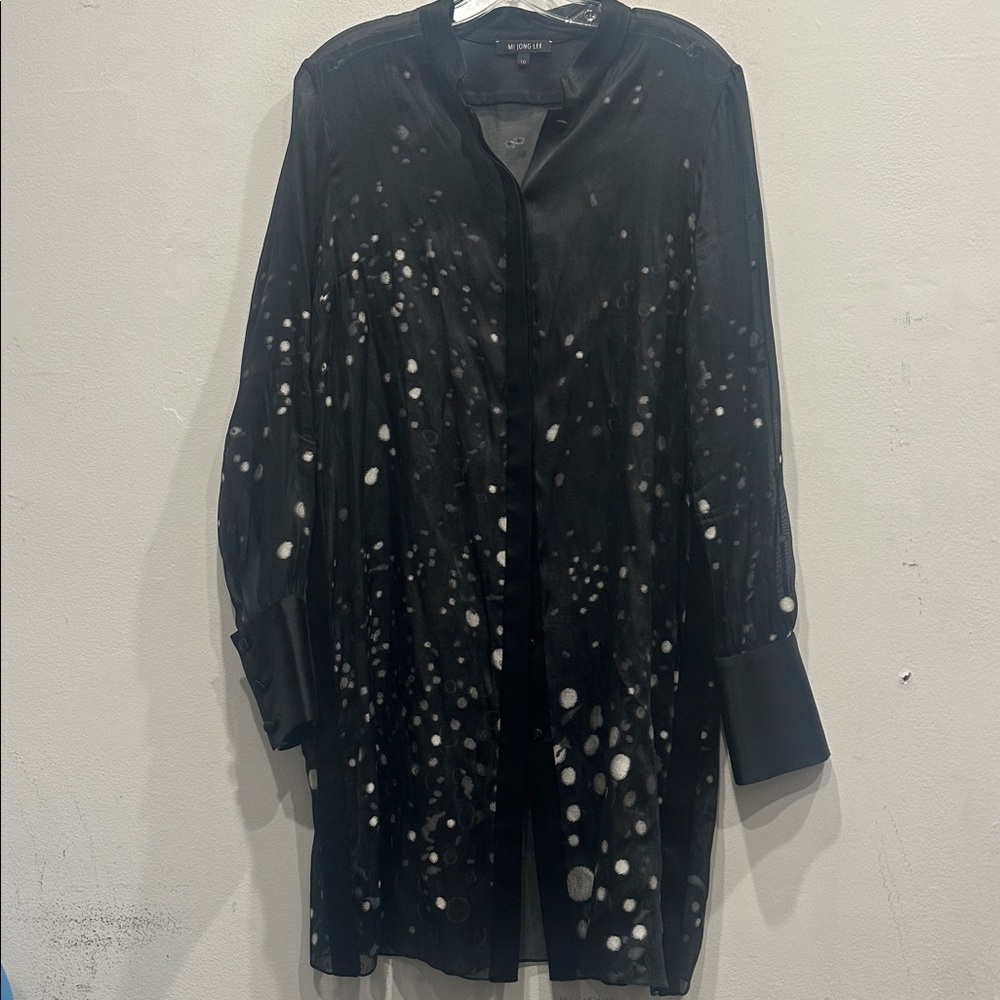 MI JONG LEE sheer long button down tunic circle pattern satin black white Sz 10